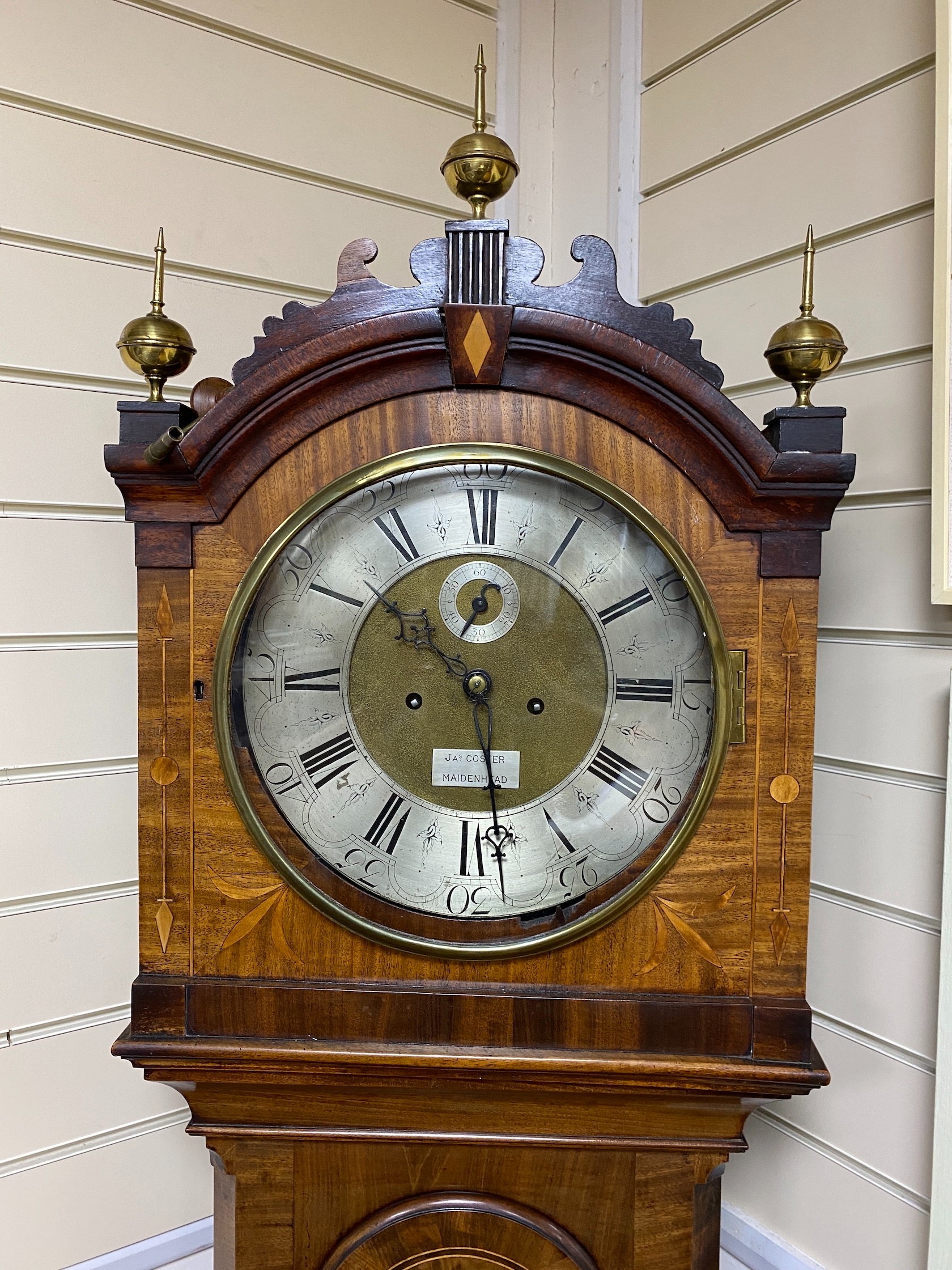A 19th century flamed mahogany cased 8 day longcase clock, with silver chapter ring and subsidiary dial, marked James Coster, Maidenhead, height 220cm